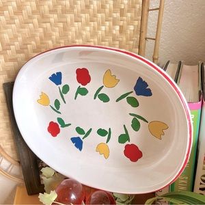 Vintage Handmade Pottery Tulip Print Casserole Quiche Oval Dish